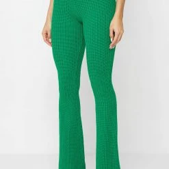 Woman Trousers Distressed Knitted Fit And Flare Trousers - Green
