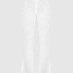 Woman Trousers Distressed Knitted Fit And Flare Trousers - White