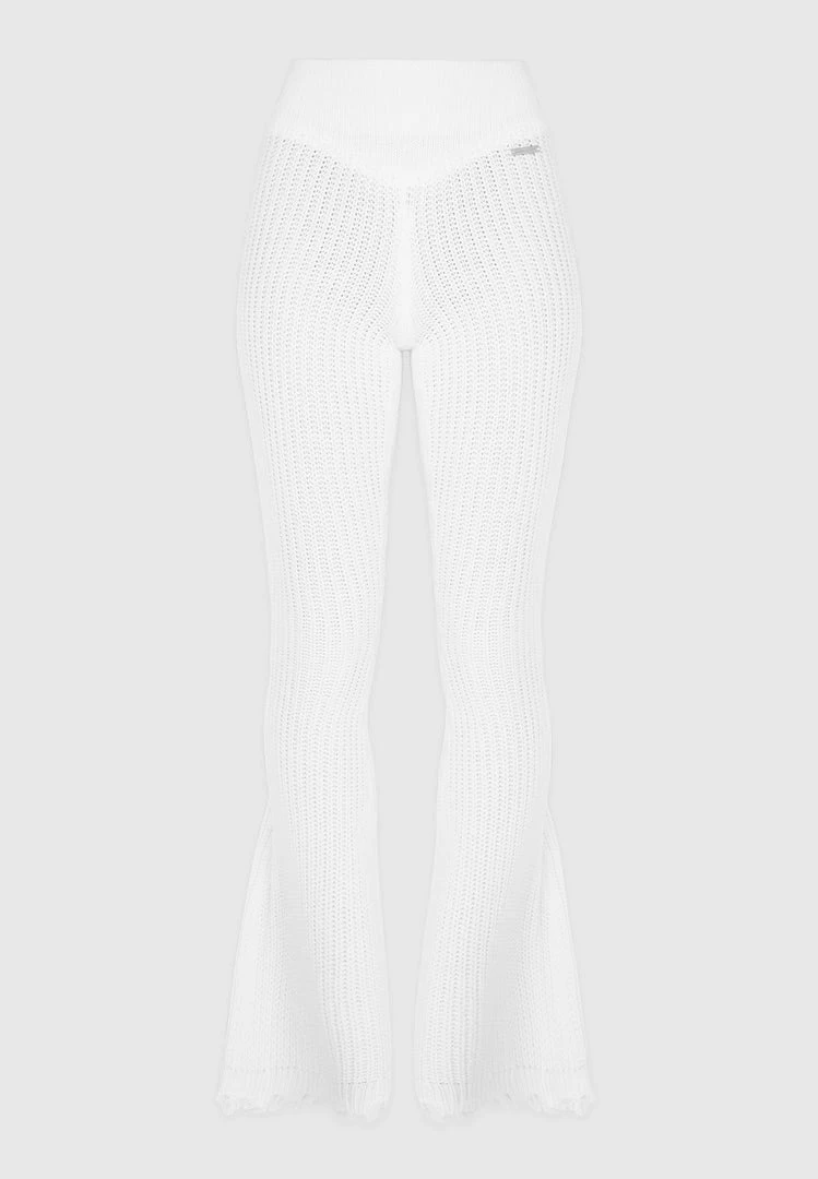 Woman Trousers Distressed Knitted Fit And Flare Trousers - White