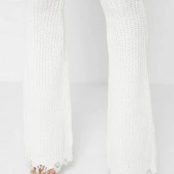 Woman Trousers Distressed Knitted Fit And Flare Trousers - White