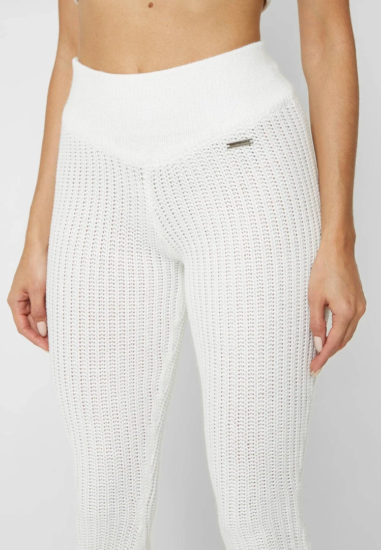 Woman Trousers Distressed Knitted Fit And Flare Trousers - White