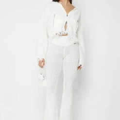 Woman Trousers Distressed Knitted Fit And Flare Trousers - White