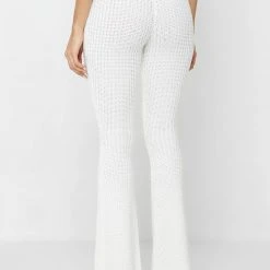 Woman Trousers Distressed Knitted Fit And Flare Trousers - White