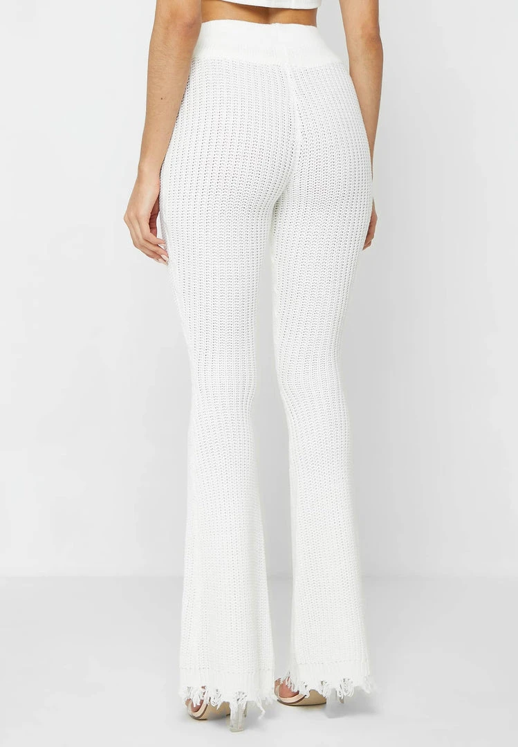 Woman Trousers Distressed Knitted Fit And Flare Trousers - White