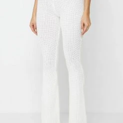 Woman Trousers Distressed Knitted Fit And Flare Trousers - White