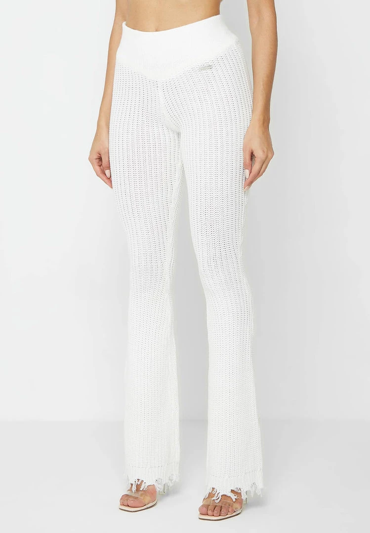 Woman Trousers Distressed Knitted Fit And Flare Trousers - White