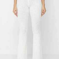 Woman Trousers Distressed Knitted Fit And Flare Trousers - White