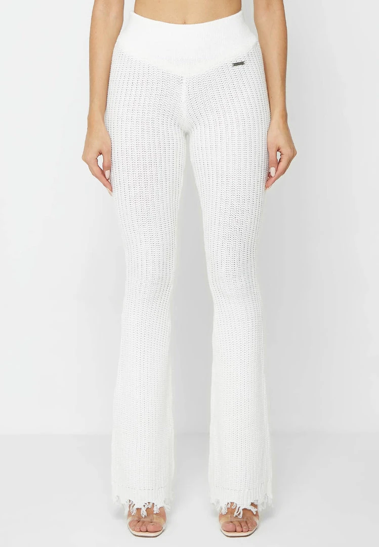 Woman Trousers Distressed Knitted Fit And Flare Trousers - White