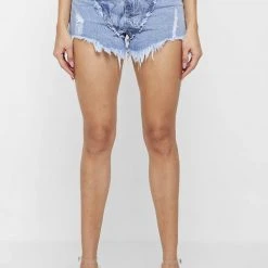 Woman Denim JEANS Distressed Marble Denim Shorts - Blue