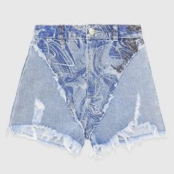 Woman Denim JEANS Distressed Marble Denim Shorts - Blue