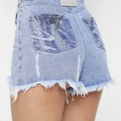Woman Denim JEANS Distressed Marble Denim Shorts - Blue