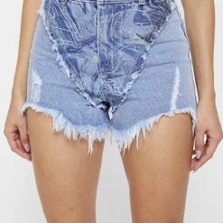 Woman Denim JEANS Distressed Marble Denim Shorts - Blue