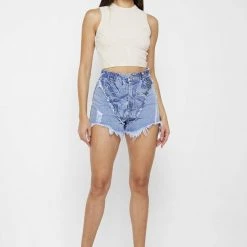Woman Denim JEANS Distressed Marble Denim Shorts - Blue