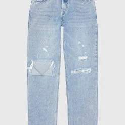 Woman Denim Distressed Relaxed Fit Mom Jeans - Blue