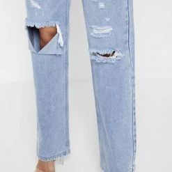 Woman Denim Distressed Relaxed Fit Mom Jeans - Blue