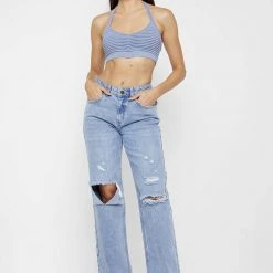 Woman Denim Distressed Relaxed Fit Mom Jeans - Blue