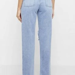 Woman Denim Distressed Relaxed Fit Mom Jeans - Blue