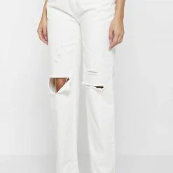 Woman Denim Distressed Relaxed Fit Mom Jeans - Off White