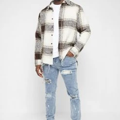 Man Shirts Distressed Textured Check Shirt - Beige