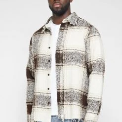 Man Shirts Distressed Textured Check Shirt - Beige