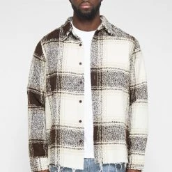 Man Shirts Distressed Textured Check Shirt - Beige