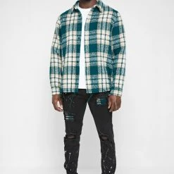 Man Shirts Distressed Textured Check Shirt - Green