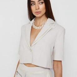 Woman Jackets Double Lapel Cropped Blazer - Stone