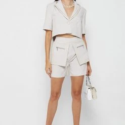 Woman Jackets Double Lapel Cropped Blazer - Stone