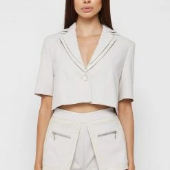 Woman Jackets Double Lapel Cropped Blazer - Stone