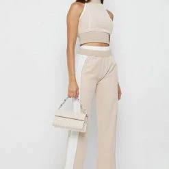 Woman Tracksuits Double Waistband Viscose Track Pants - Beige/White