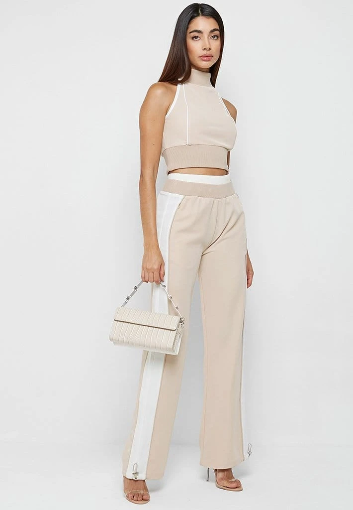 Woman Tracksuits Double Waistband Viscose Track Pants - Beige/White