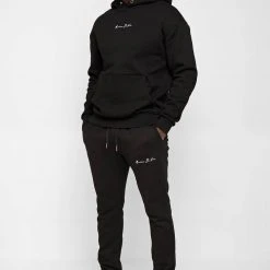 Man Tracksuit Bottoms Essential Signature Track Pants - Black