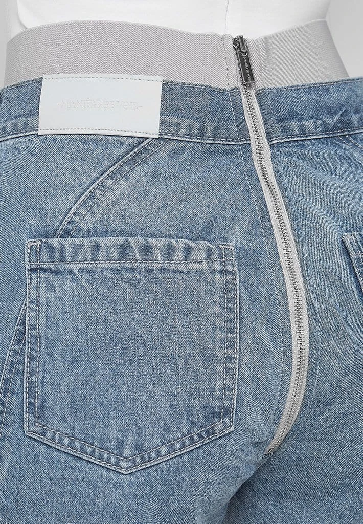 Woman Denim Foldover Waistband Mom Jeans - Mid Blue