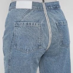 Woman Denim Foldover Waistband Mom Jeans - Mid Blue