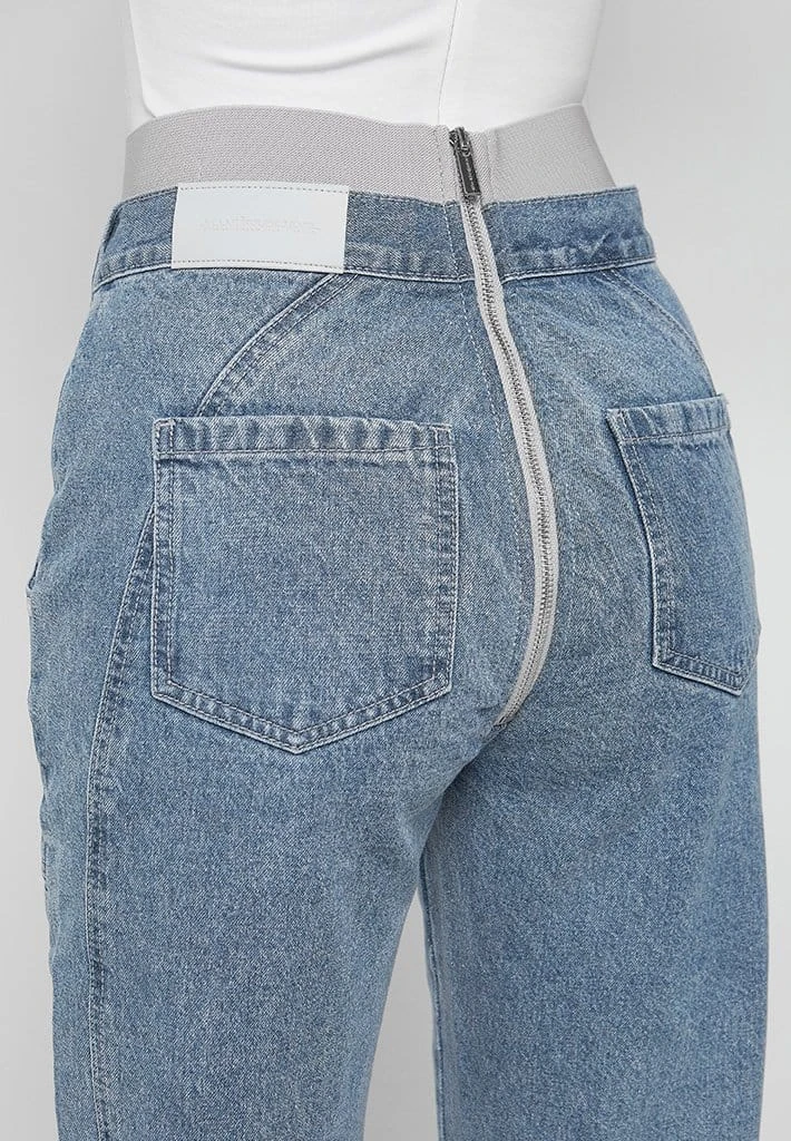 Woman Denim Foldover Waistband Mom Jeans - Mid Blue