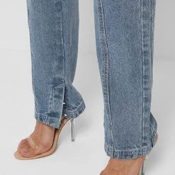 Woman Denim Foldover Waistband Mom Jeans - Mid Blue
