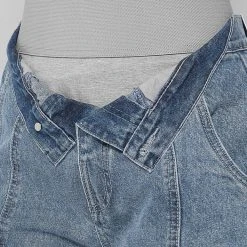 Woman Denim Foldover Waistband Mom Jeans - Mid Blue