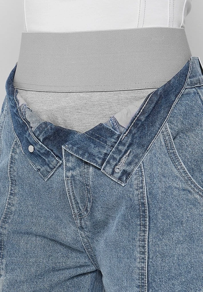 Woman Denim Foldover Waistband Mom Jeans - Mid Blue