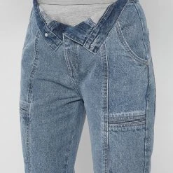 Woman Denim Foldover Waistband Mom Jeans - Mid Blue