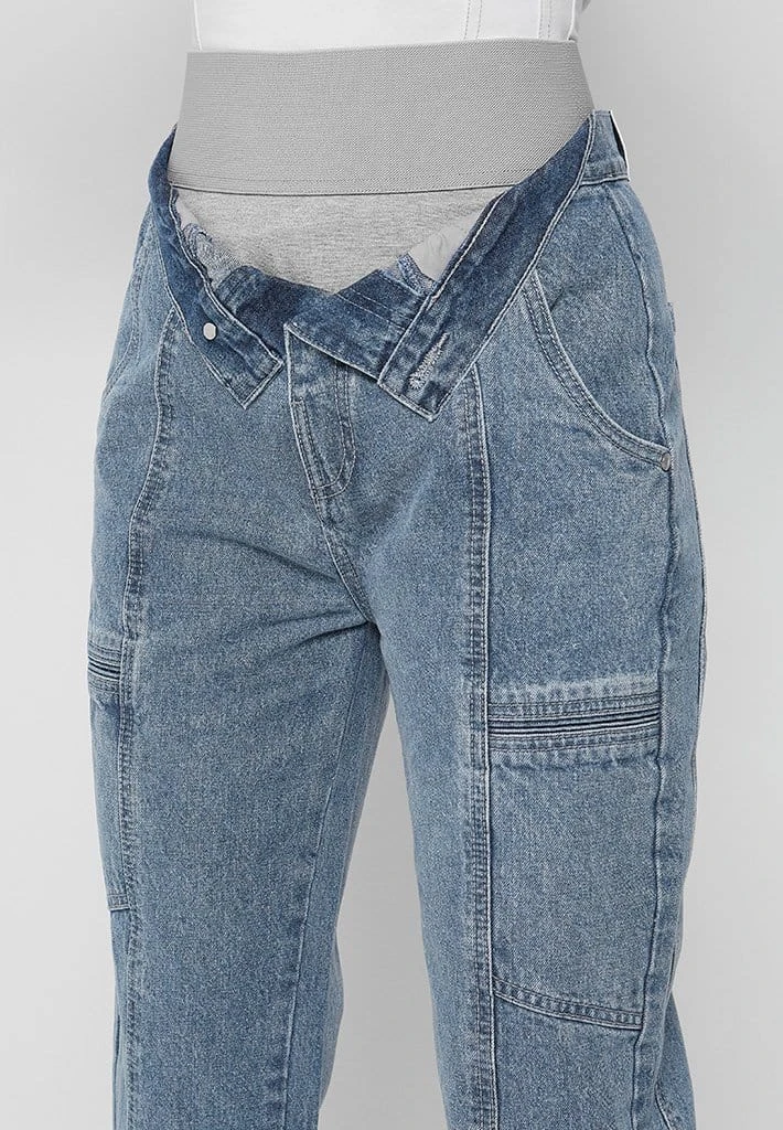 Woman Denim Foldover Waistband Mom Jeans - Mid Blue