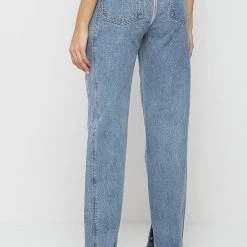Woman Denim Foldover Waistband Mom Jeans - Mid Blue