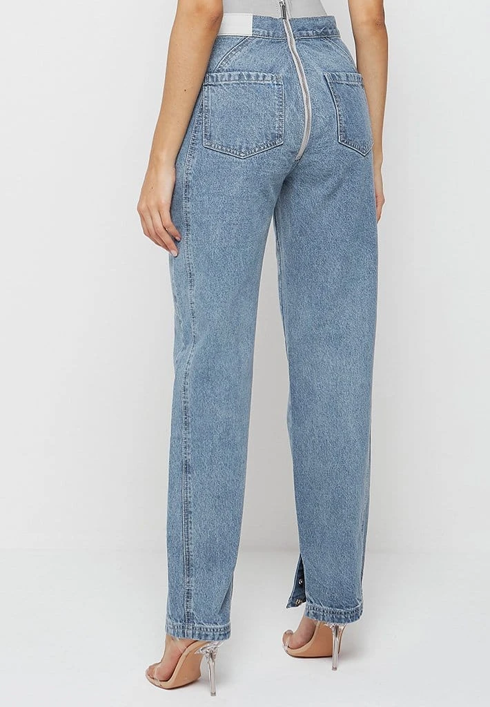 Woman Denim Foldover Waistband Mom Jeans - Mid Blue