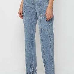 Woman Denim Foldover Waistband Mom Jeans - Mid Blue