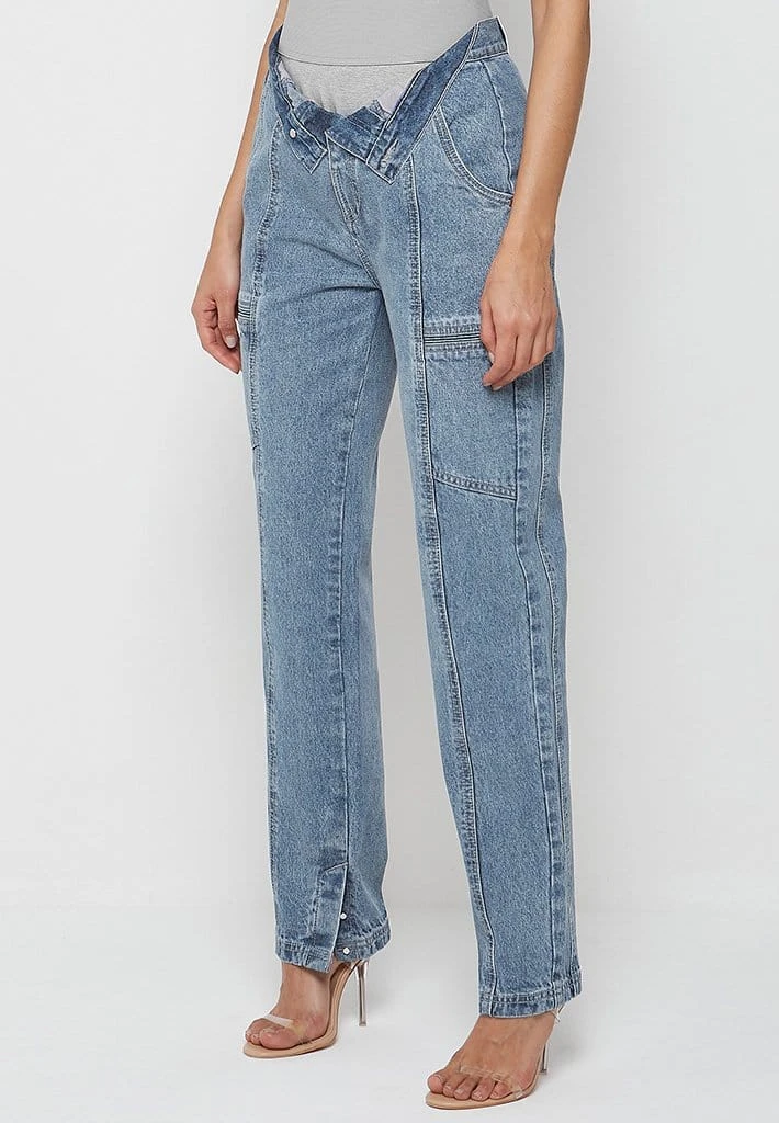 Woman Denim Foldover Waistband Mom Jeans - Mid Blue