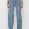Woman Denim Foldover Waistband Mom Jeans - Mid Blue