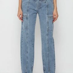 Woman Denim Foldover Waistband Mom Jeans - Mid Blue