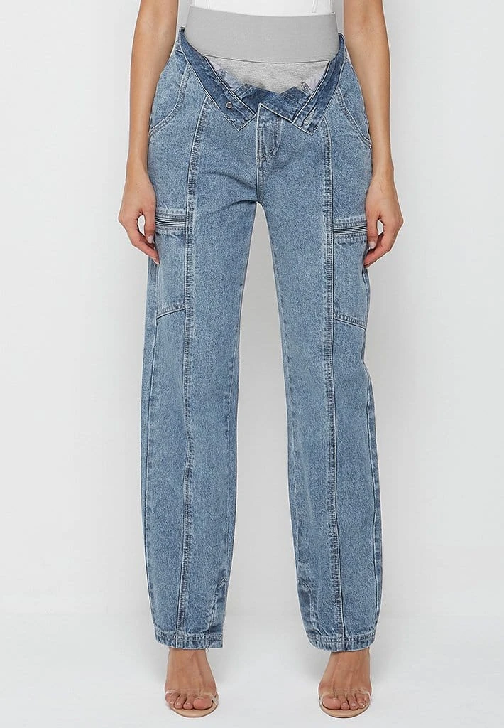 Woman Denim Foldover Waistband Mom Jeans - Mid Blue