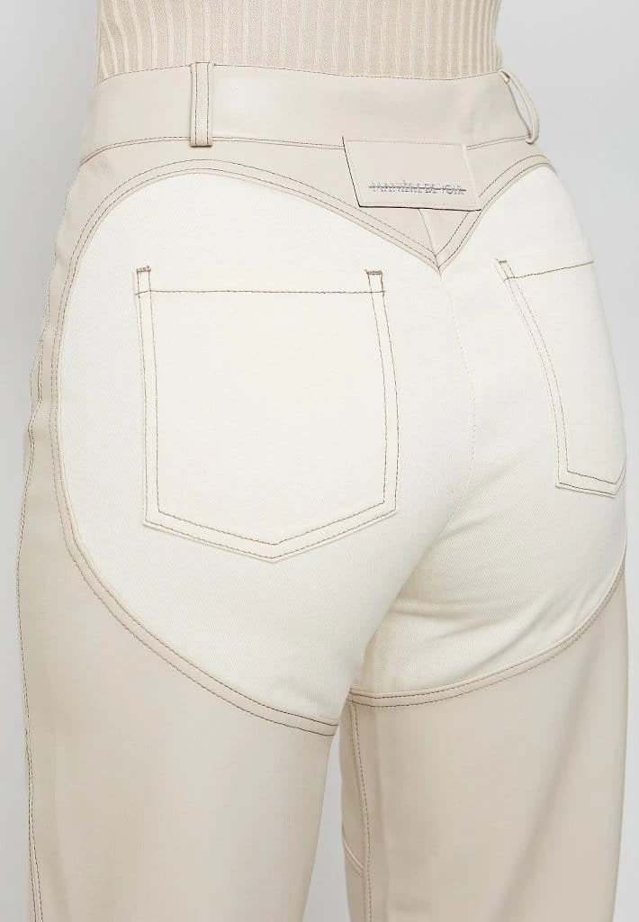 Woman Trousers Heart Vegan Leather And Denim Trousers - Beige