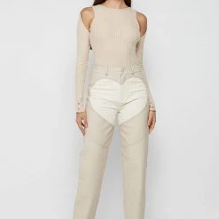 Woman Trousers Heart Vegan Leather And Denim Trousers - Beige