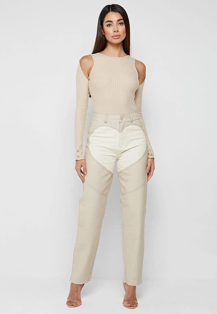 Woman Trousers Heart Vegan Leather And Denim Trousers - Beige